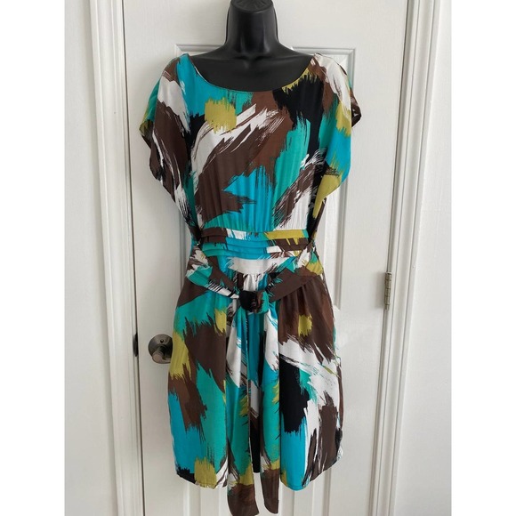 Boutique Dress With Self Tie Sash Large Colorful Abstract Design NWOT - Picture 1 of 10